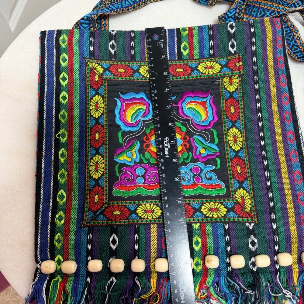Boho‎ Embroidered Woven Tote Bag Multi-Color Striped Fringe Wooden Beads Artisan